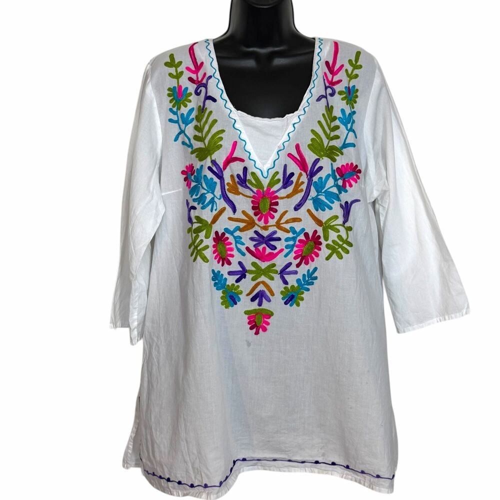 WOMEN'S XL WHITE COTTON MEXICAN BOHO TUNIC EMBROIDERED FLORAL V-NECK BLOUSE TOP